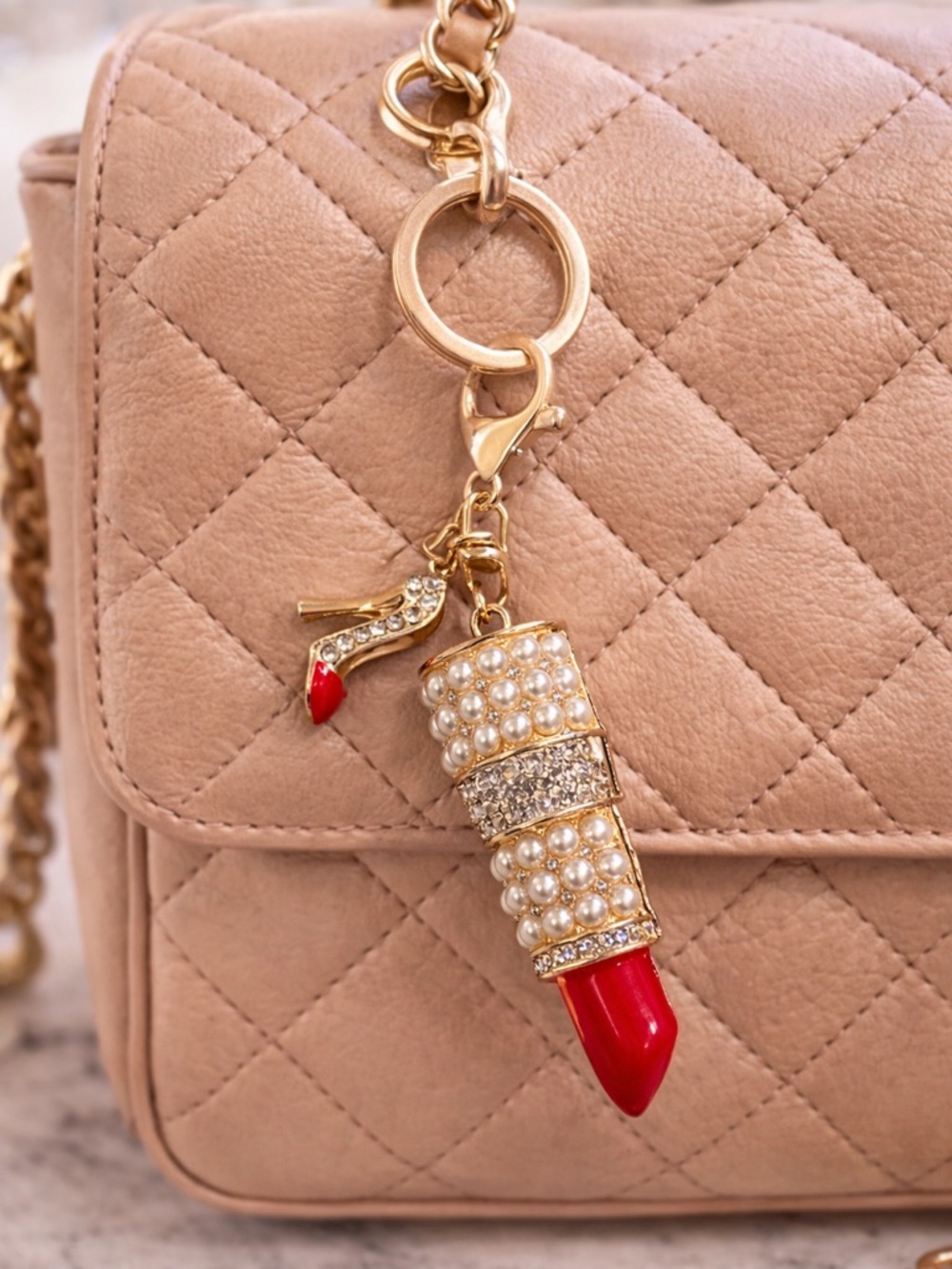 Gold Pearl & Red Lipstick Keychain Charm - Picture 2 of 3